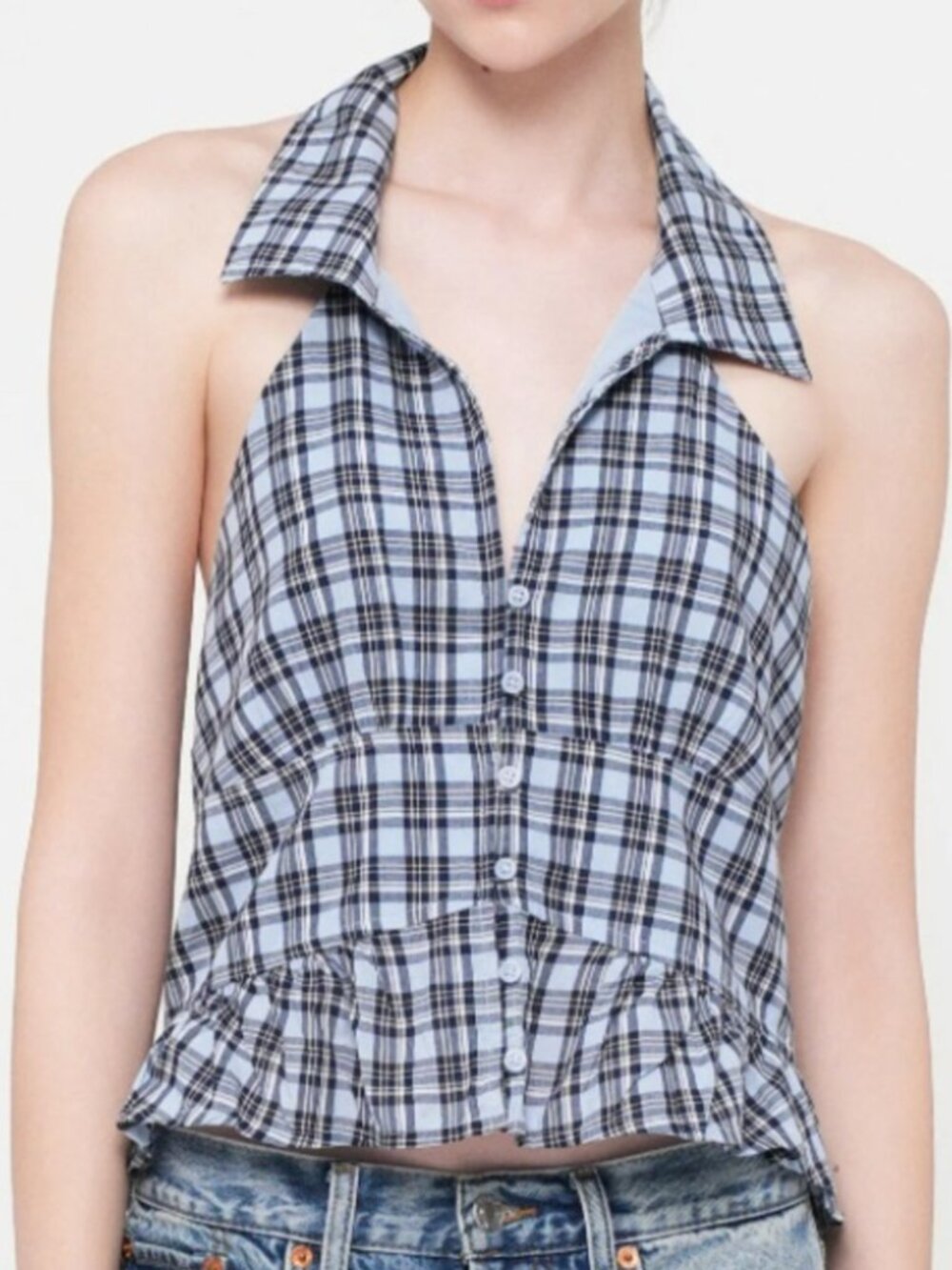 Hollister Plaid Halter Top Collared Button Up Ruffle Peplum Blue SZ S NWOT